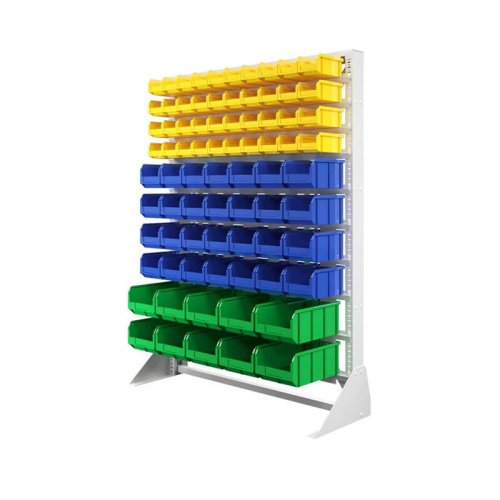 Стеллаж с пластиковыми ящиками односторонний 1150х1500 С1-04-04-02 (желтый/синий/зеленый)
