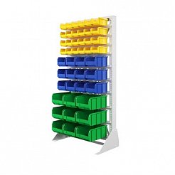Стеллаж с пластиковыми ящиками односторонний 735х1500 А1-04-03-03  (желтый/синий/зеленый)